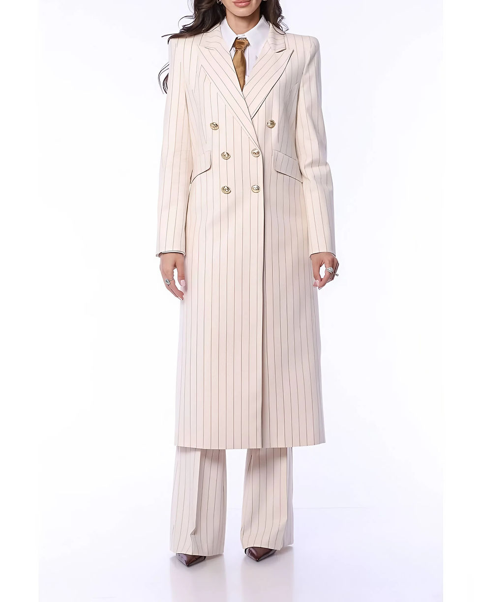 Thumbnail: Nina Covaci Beige Pinstripe Two-Piece Suit with Long Blazer and Flared Trousers