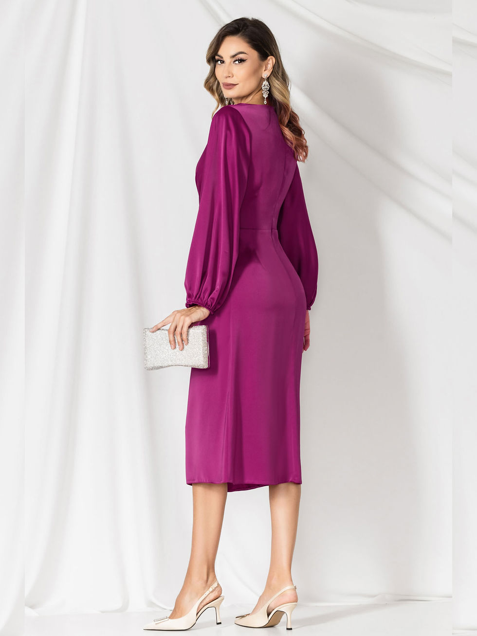 Thumbnail: Magenta Midi Dress with Knot Effect at the Waist