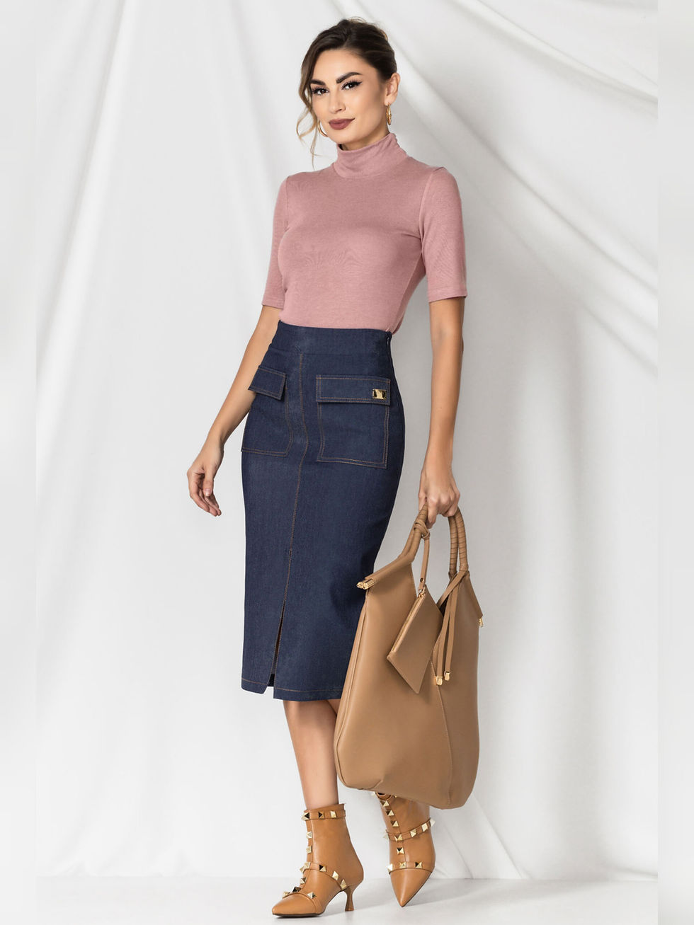 Thumbnail: Blue Tapered Denim Skirt with Slit and Front Pockets