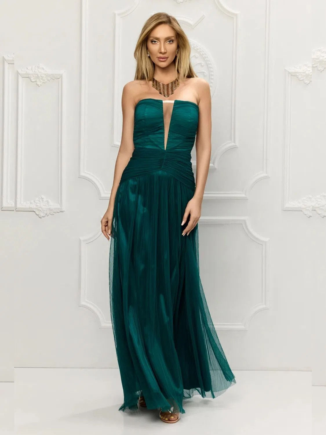 Emerald Maxi Dress, Made of Pleated Veil, Corset Bust