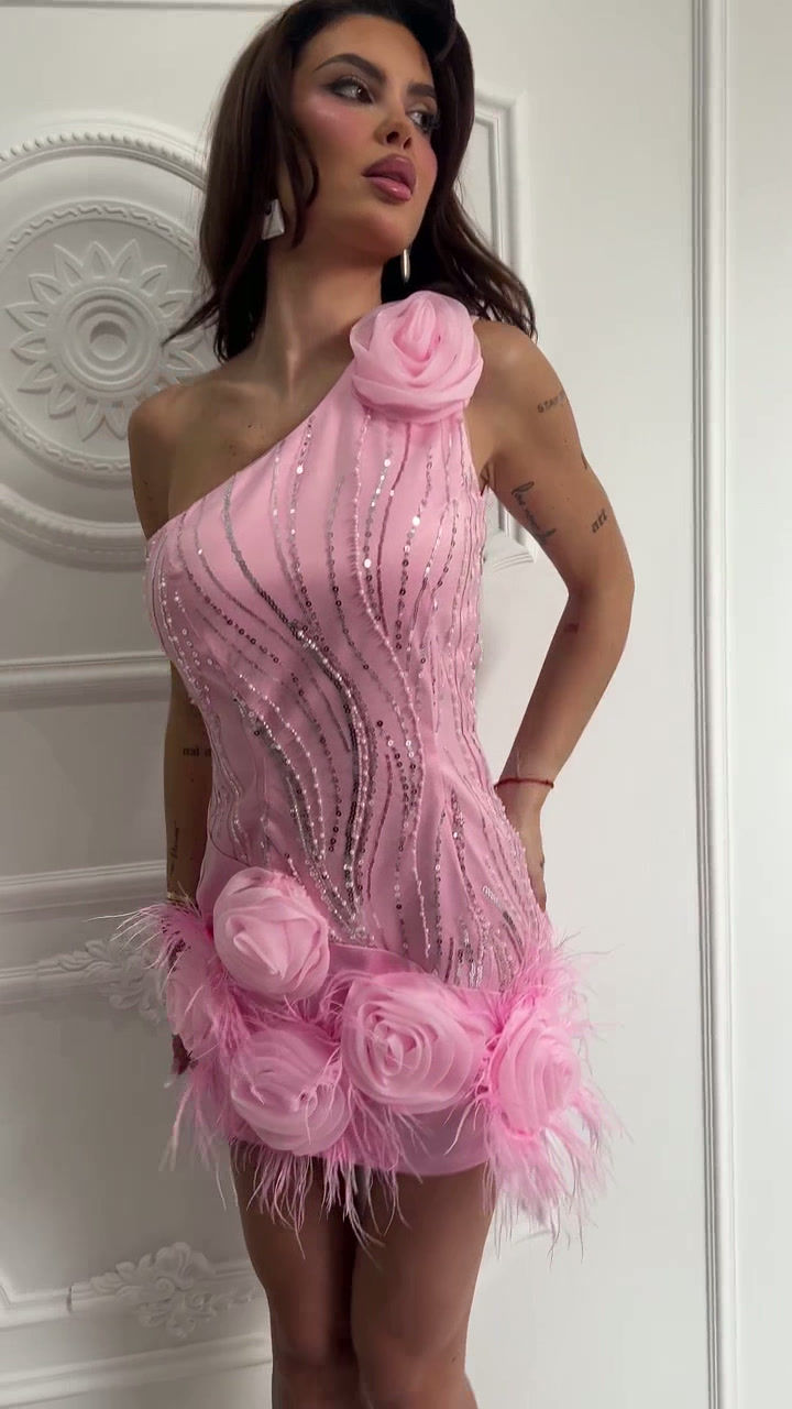 Thumbnail: Short Pink Dress, Accessorized with Precious Lace Inserts and 3D Pink Flowers