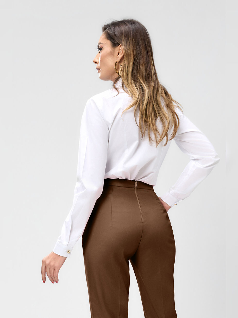 Thumbnail: Brown, Tapered, High-Waisted Trousers 