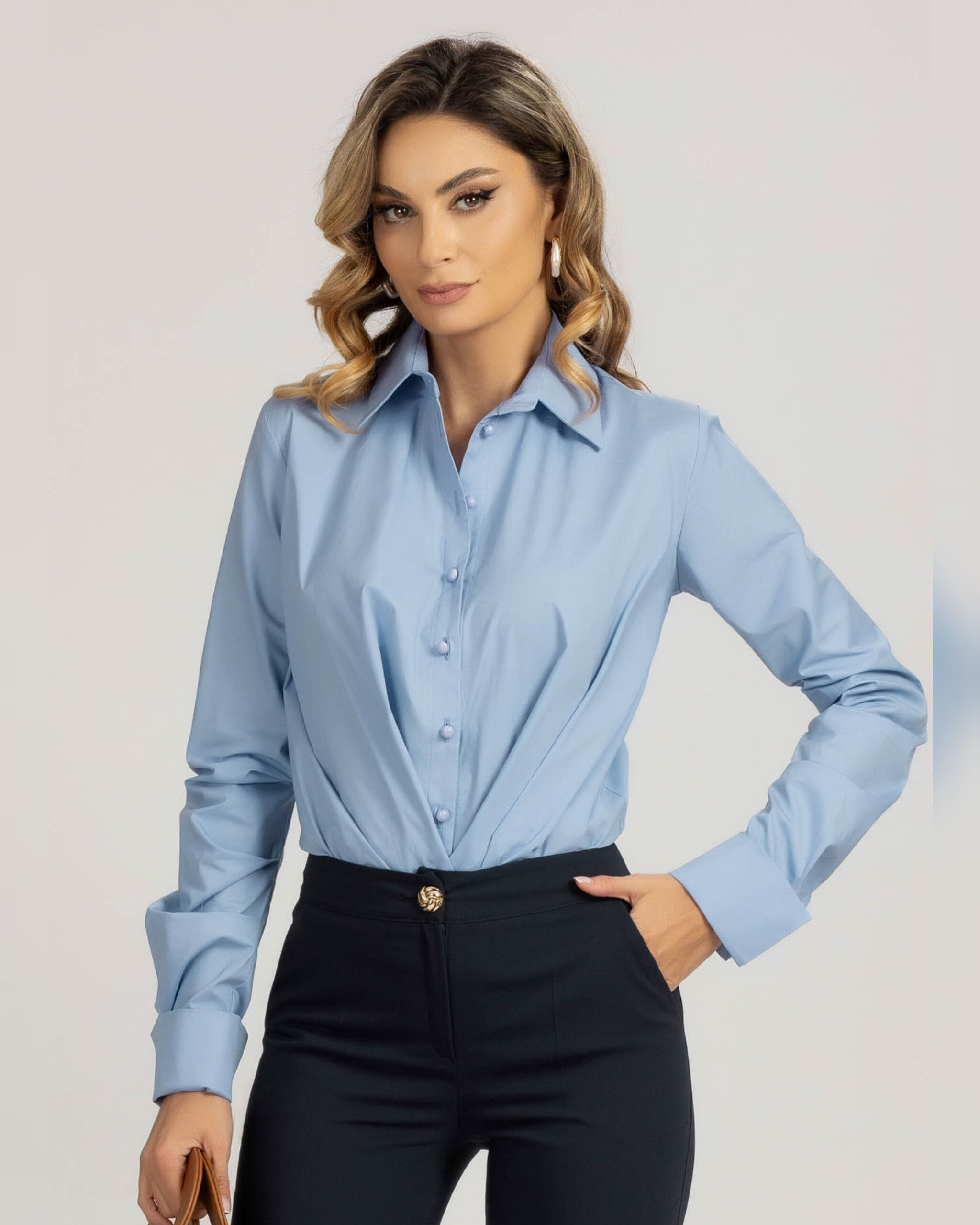 Blue Shirt with Front Pleats and Pointed Collar