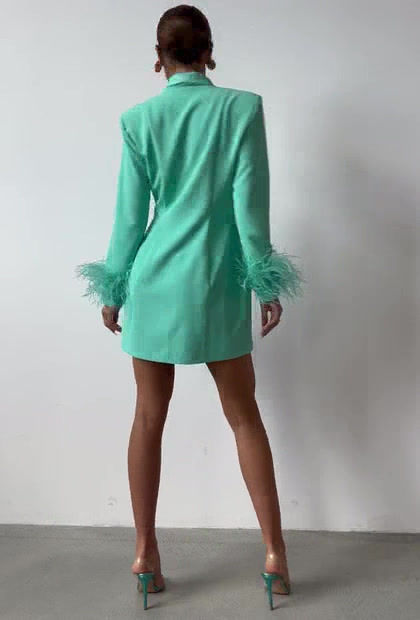 Thumbnail: Aqua Blazer-dress with lapels accessorized with sequins and feathers