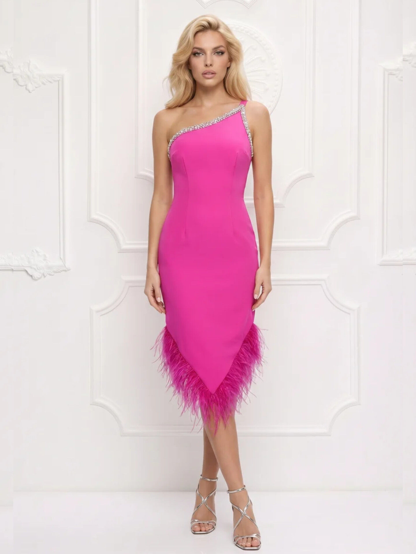 Cyclamen Midi Dress, Accessorized with Precious Crystals and Feathers on the Hem