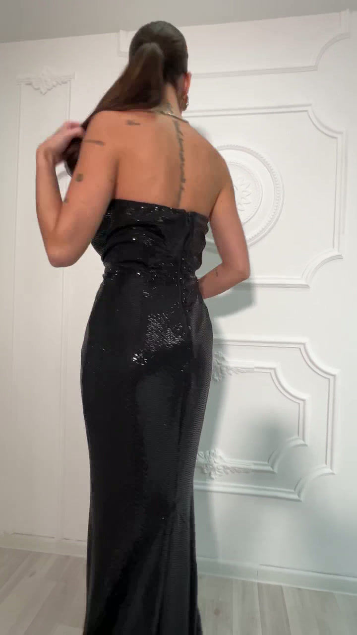 Thumbnail: Strapless Black Sequin Maxi Dress, Front Slit