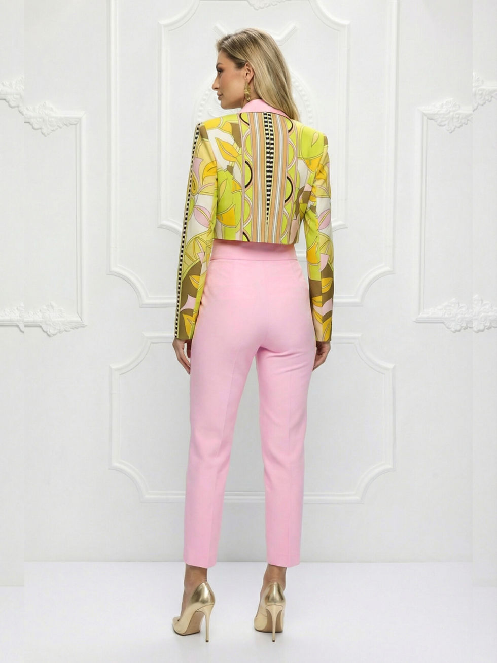 Thumbnail: Two Piece Suit, Cropped Blazer, Floral Print and High-Waisted Tapered Pants