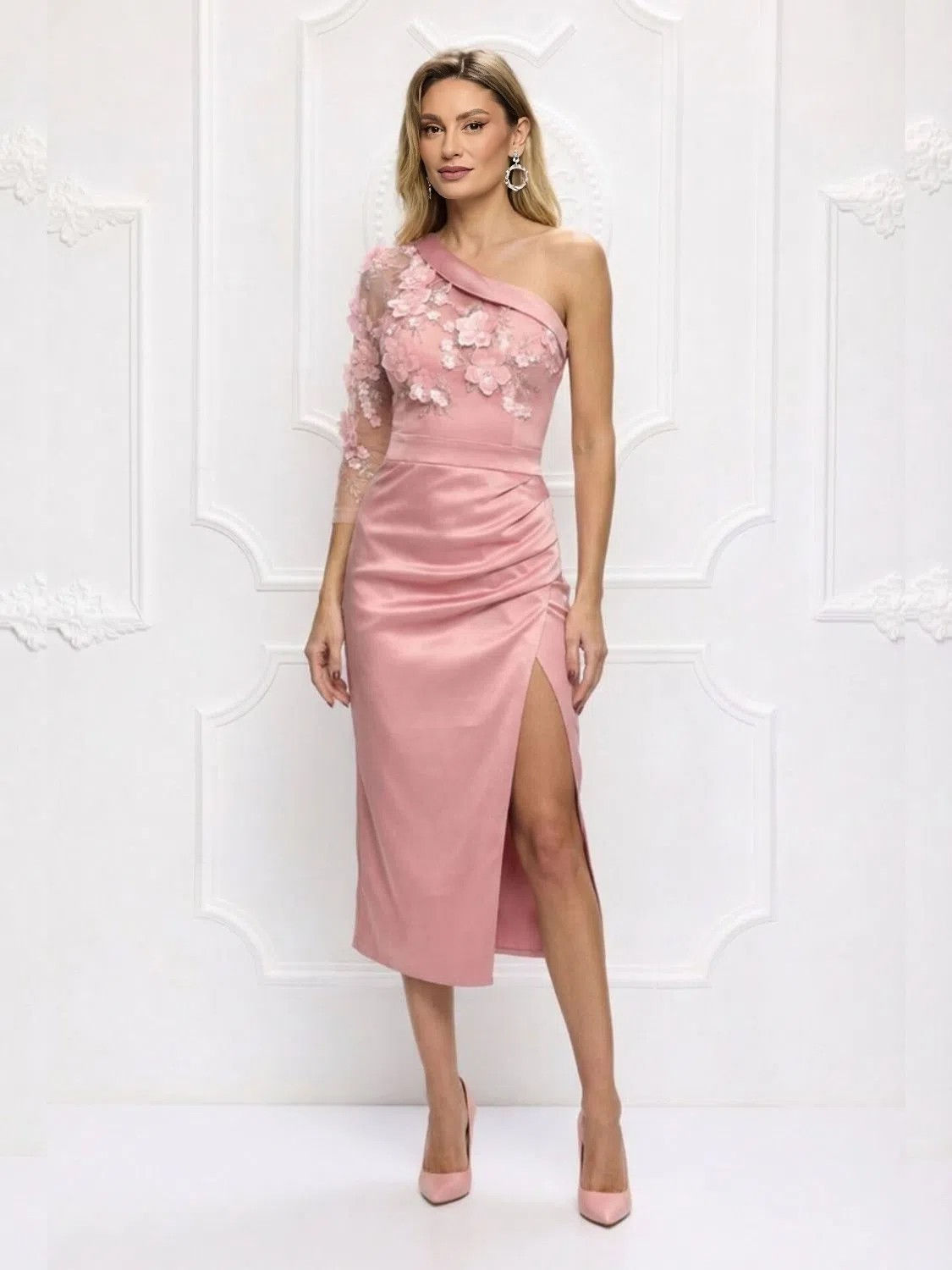 Rose Midi Dress with a Tulle Sleeve and Bust Accessorized with 3D Flowers