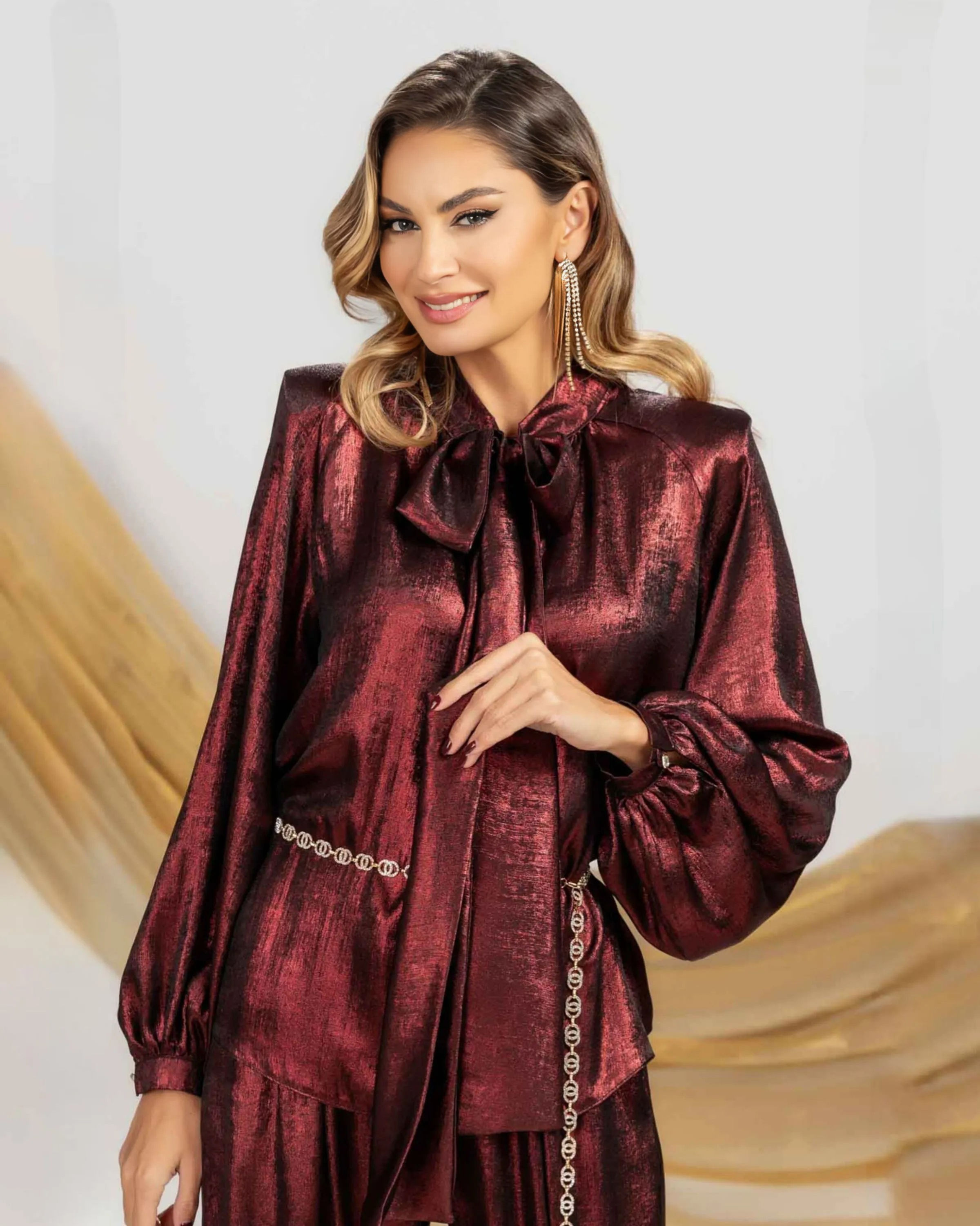 Metallic Bordeaux Satin Blouse, High Collar with Maxi Scarf