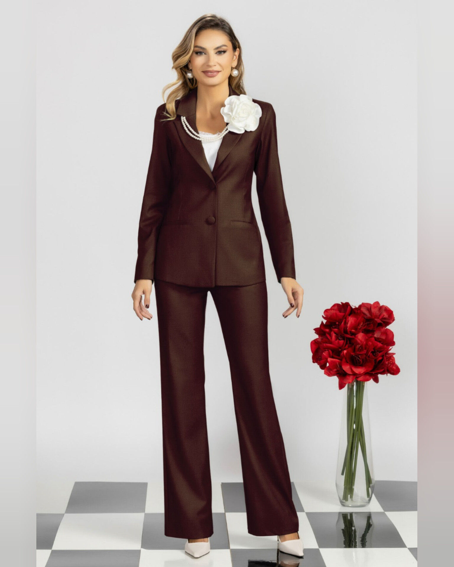 Chocolate Brown Two-Piece Suit with Pearl and Flower Necklace