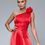 Thumbnail: Red Midi dress, Lace Inserts, 3d Flower on Shoulder and Pleated Skirt