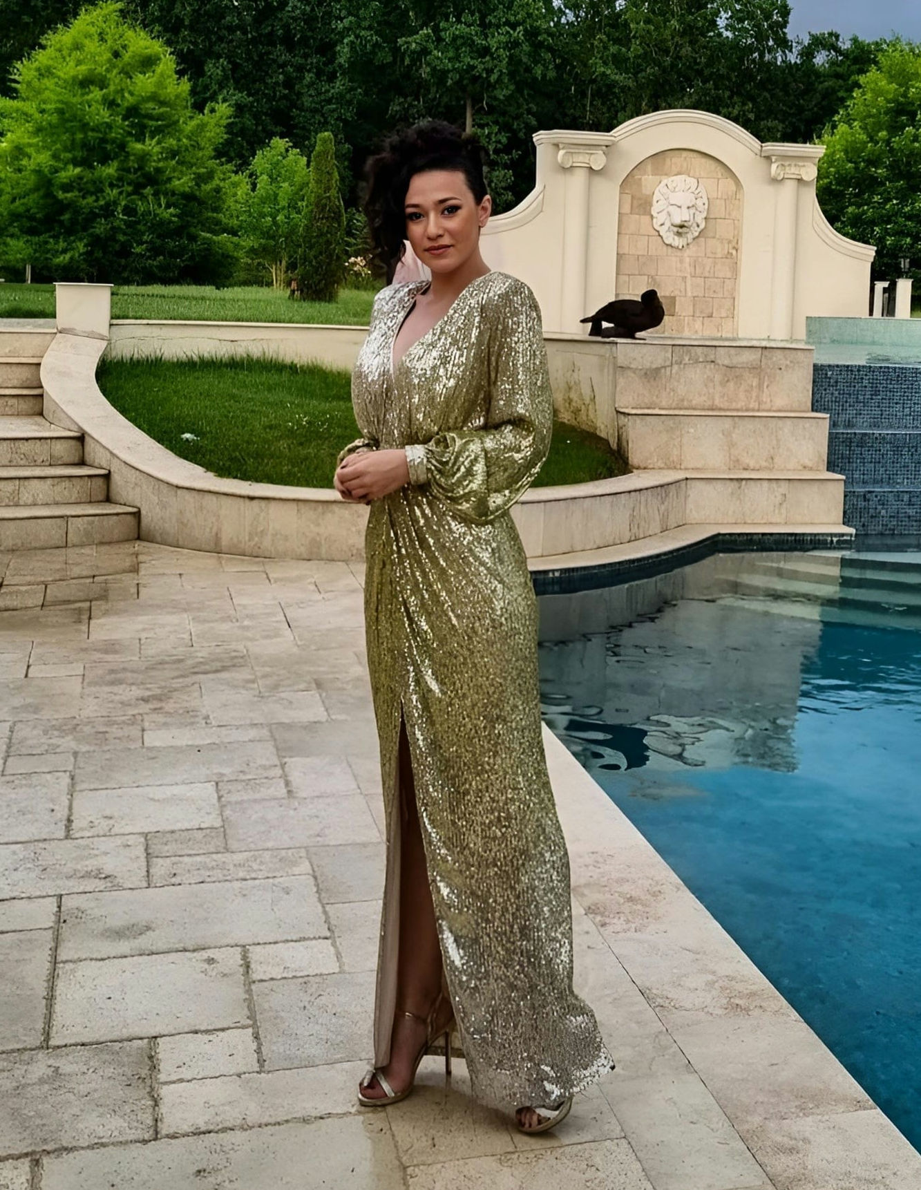 Mermaid Maxi Dress with slit, Gold Degrade Sequins sp23-rl04