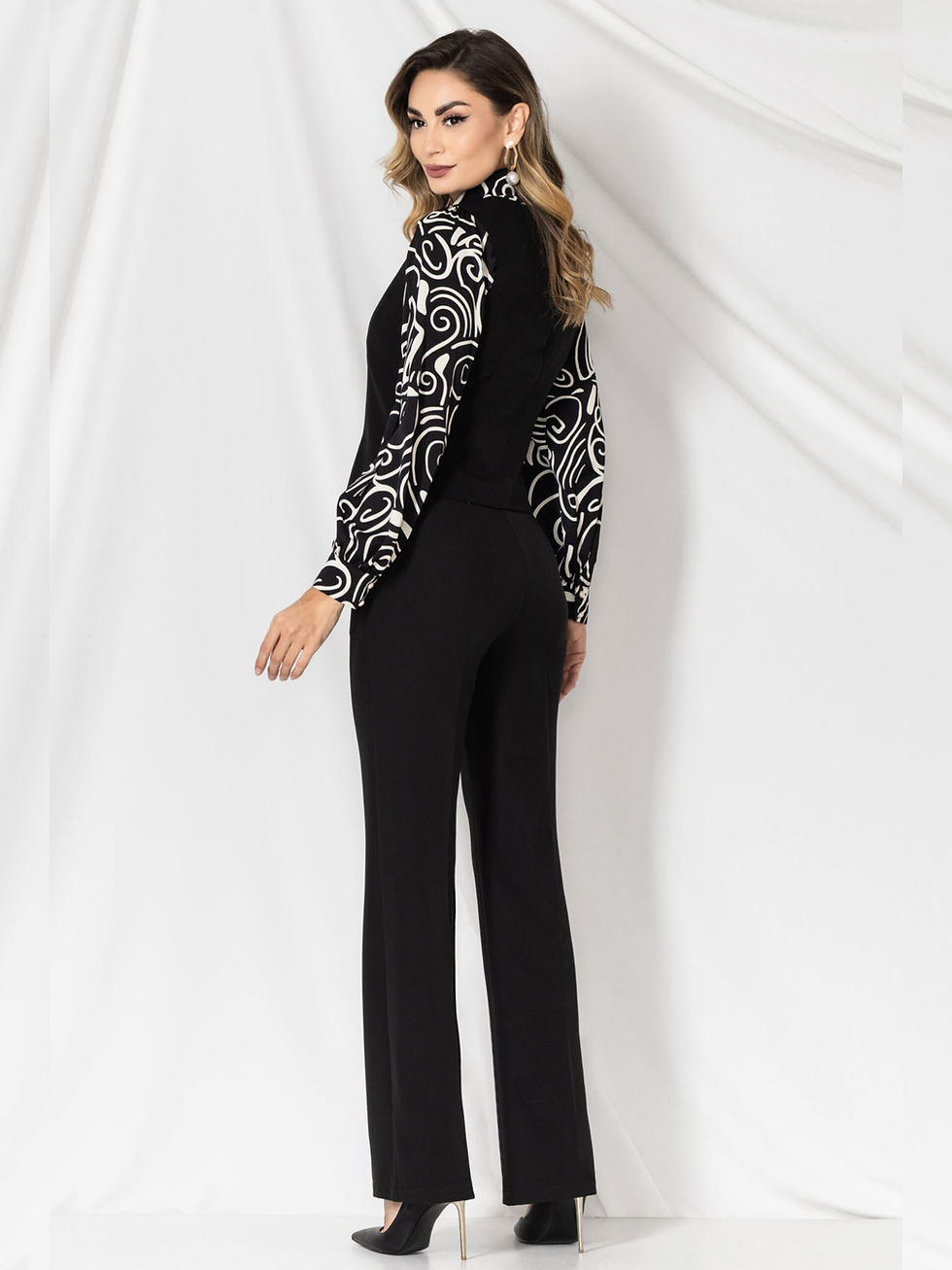 Thumbnail: Black Two-Piece Suit High Waist Trousers and Slightly Flared