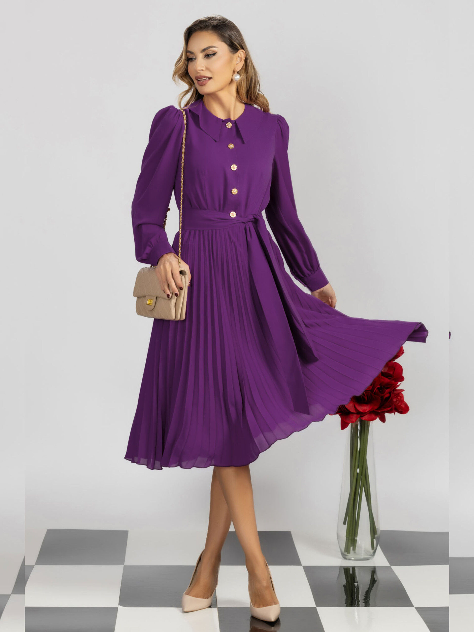 Purple Midi Dress with Classic Collar and Pleated Skirt