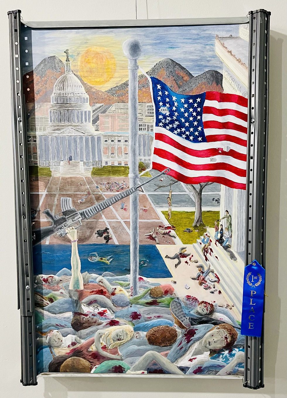 Jim Jantzen's acrylic, "Life, Liberty, and the Pursuit of Insanity (Remembering Las Vegas)," won 1st Place in HCA's America 250 Exhibition.