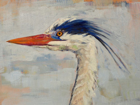 Oil painting of a grey heron.