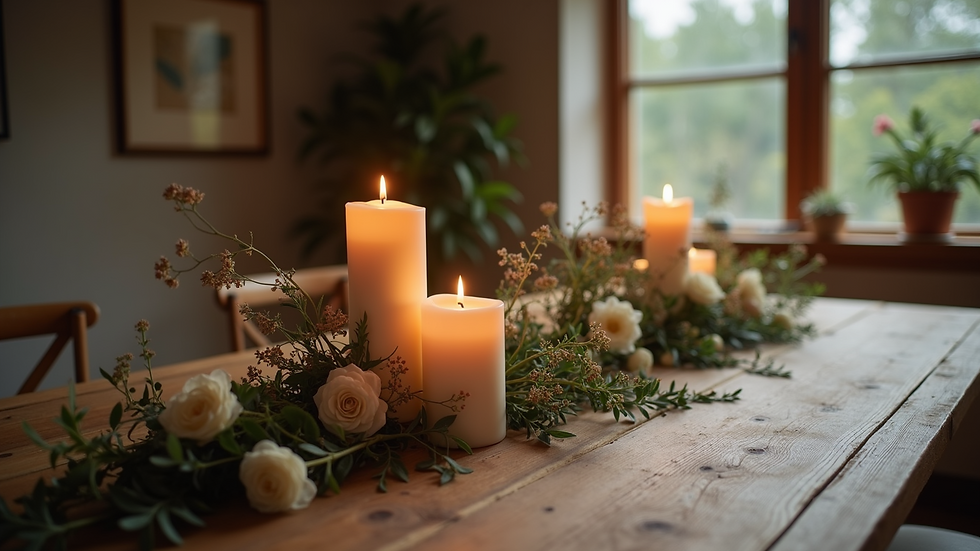 Close-up view of rustic wooden table with floral centerpiece and candles