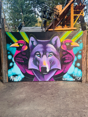 Wicked Woods wolf and crow 2025 mural by Kelly Wright