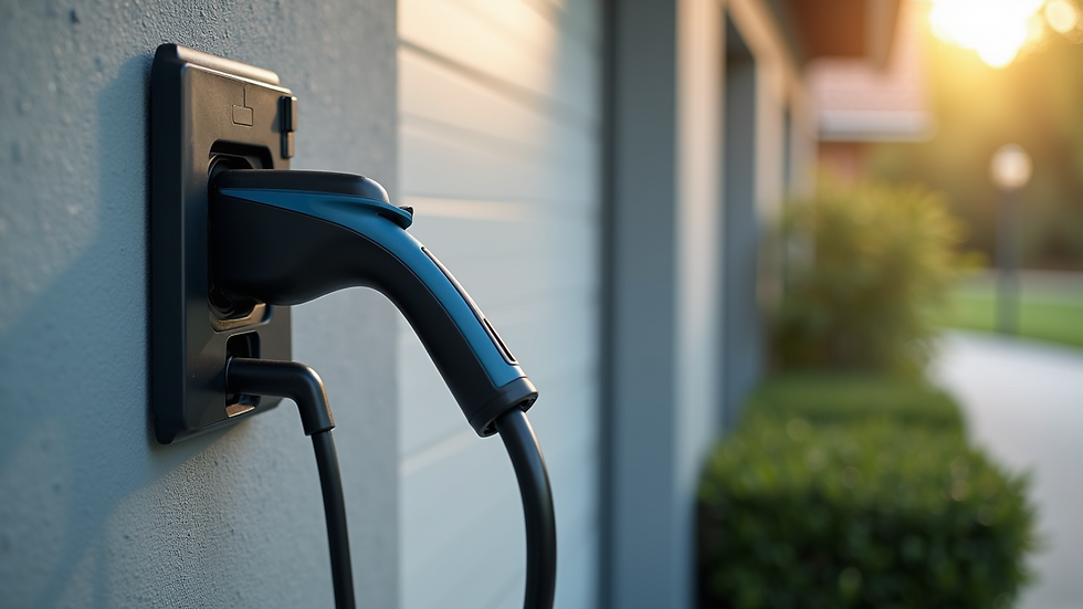 High angle view of an EV charger mounted on a garage wall