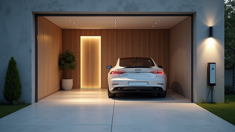 Wide angle view of a modern home garage with an EV charger installed
