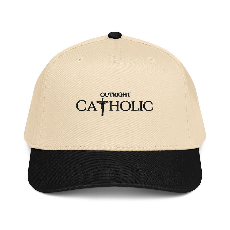 Beige and black Outright Catholic Trucker Hat featuring embroidered Outright Catholic lettering