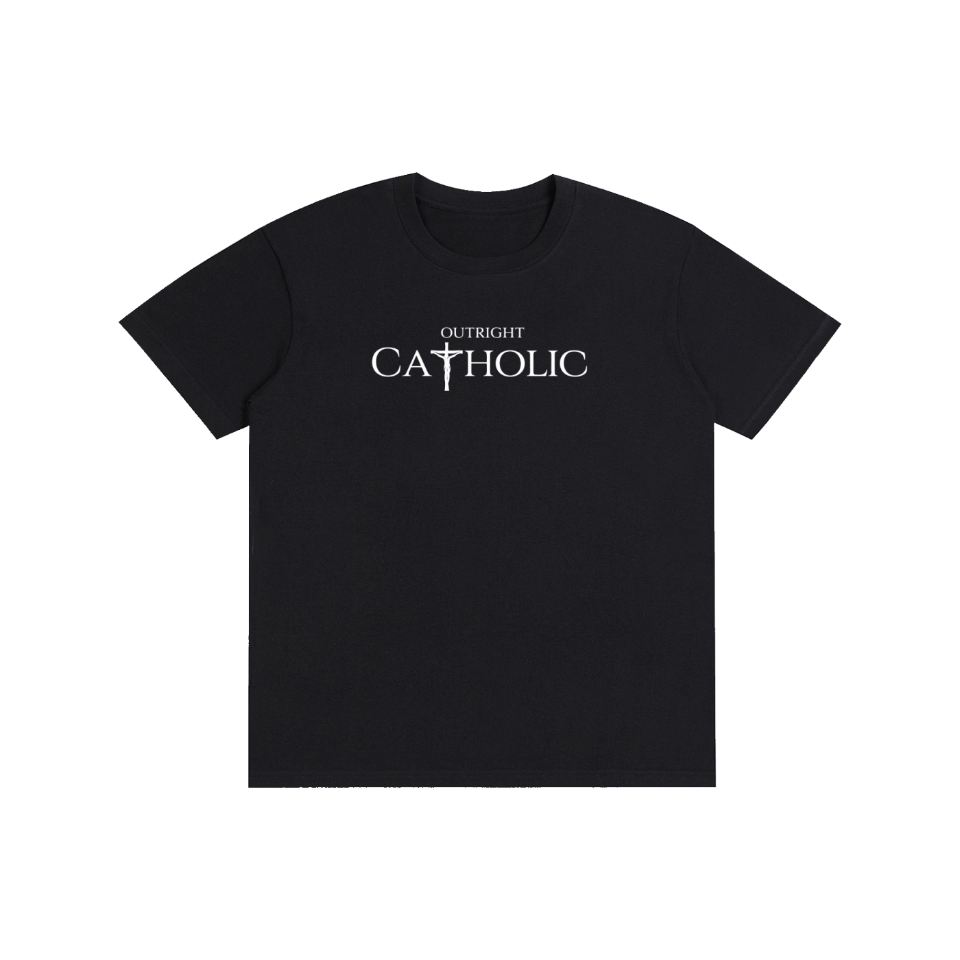 Black Outright Catholic unisex T-shirt featuring the cross logo
