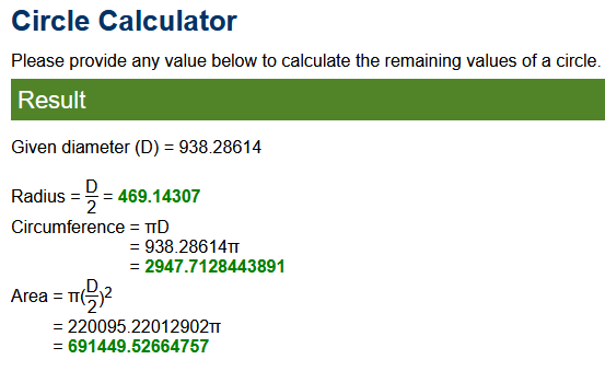 a circle of diameter 938.2861 has an area of 691,449.5266cm^2