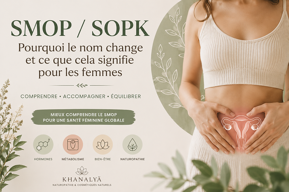 Illustration représentant une femme tenant son bas-ventre avec un schéma stylisé de l’utérus et des ovaires. L’image accompagne un article expliquant le passage du SOPK (Syndrome des Ovaires Polykystiques) au SMOP, mettant en avant une approche globale de la santé féminine, du métabolisme, des hormones et du bien-être.