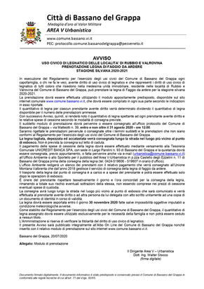 AVVISO
USO CIVICO DI LEGNATICO DELLE LOCALITA’ DI RUBBIO E VALROVINA
PRENOTAZIONE LEGNA DI FAGGIO DA