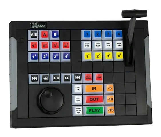 64 programmable keys with an embedded T-bar fader and standard jog & shuttle wheel.