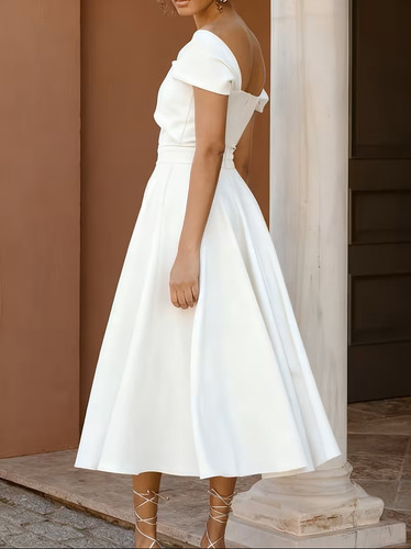 White Off Shoulder Cross V-Neck Dress