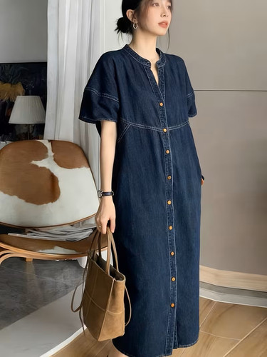 Short Sleeve Button Down Denim Shirt Dress