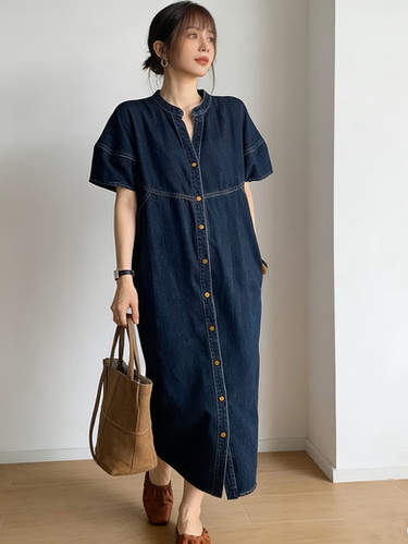 Short Sleeve Button Down Denim Shirt Dress