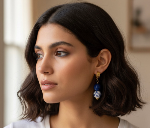 Blue Lapis Lasuli & Floral Porcelain Earring 