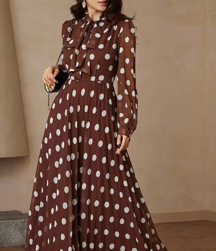 Brown Chiffon  Polka Dot Maxi Dress