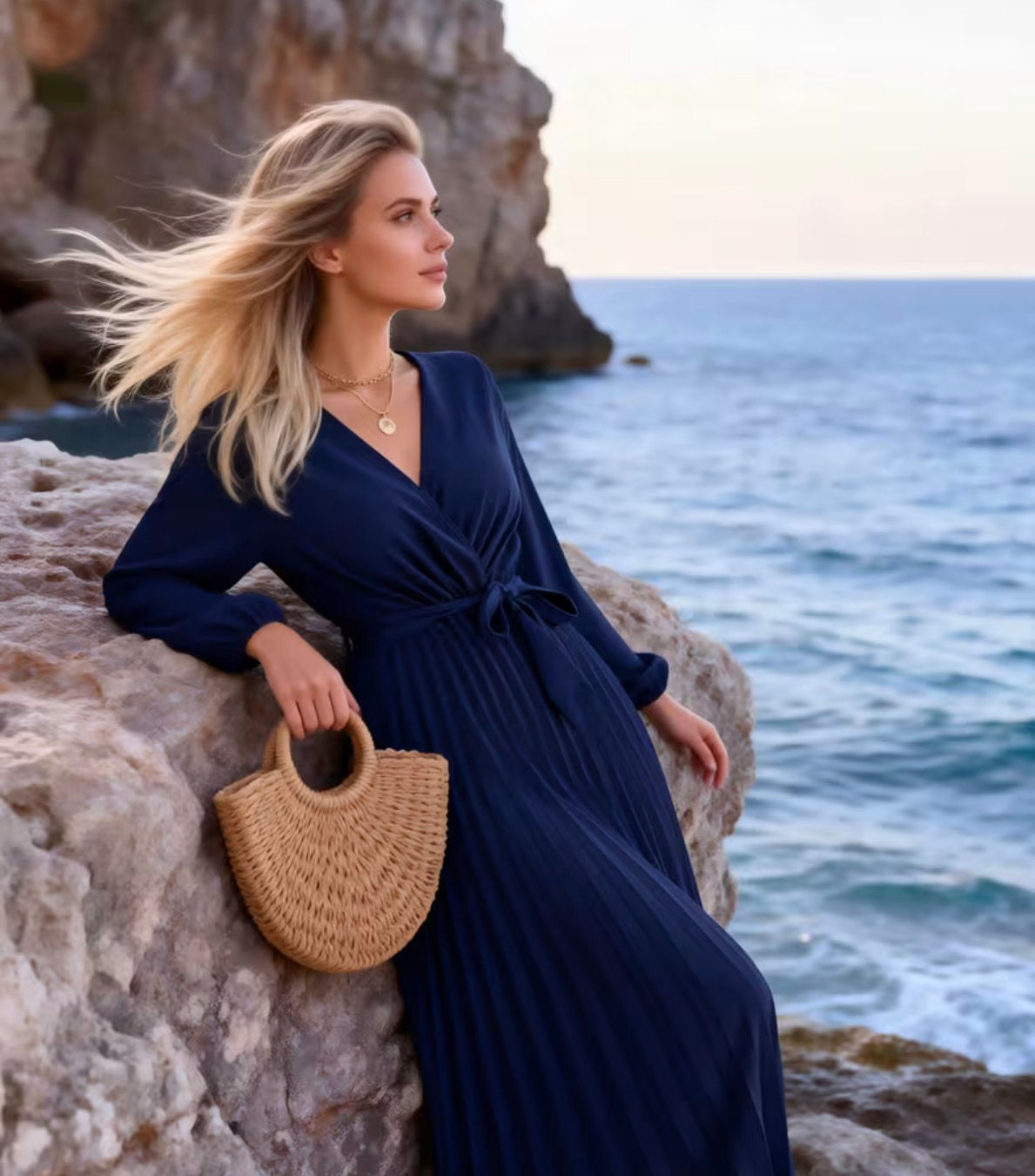 Navy V-Neck Pleated Tie Maxi Dress