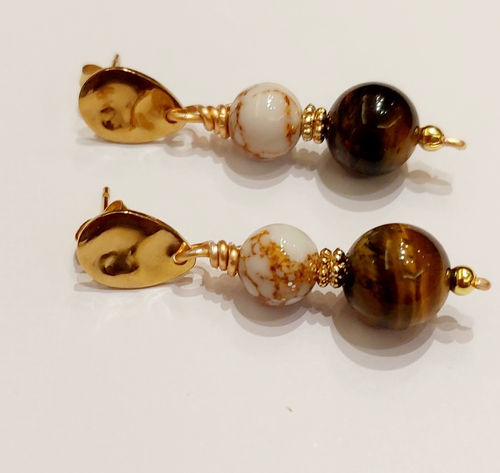 Tiger Eye Stone & White Golden Spun Howlite Earring 