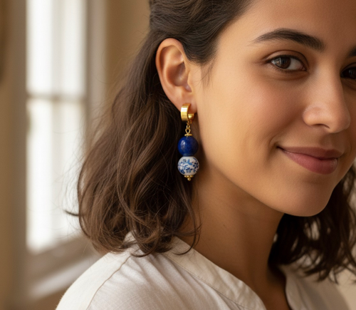 Blue Lapis Lasuli & Floral Porcelain Earring 