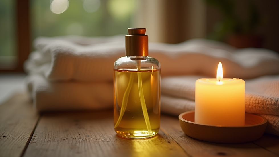 Close-up view of a bottle of massage oil and a lit candle on a wooden table