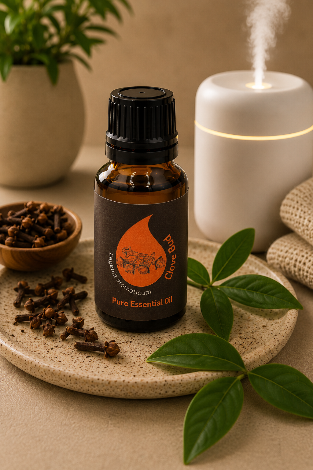 Clove Bud Essential Oil (Syzygium aromaticum) in a 15ml amber glass bottle displayed beside a diffuser