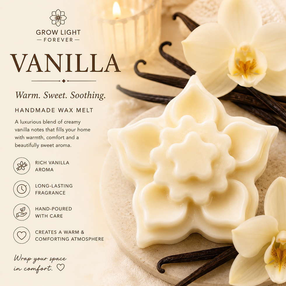 Creamy white Vanilla wax melt by Grow Light Forever featuring a warm, sweet vanilla fragrance with rich comforting notes