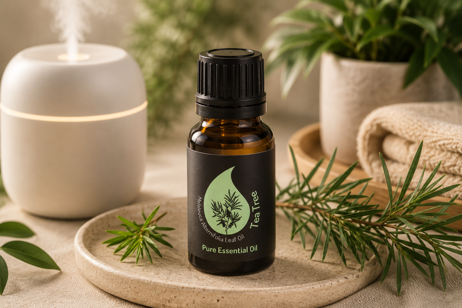Tea Tree Essential Oil In Glass Amber Bottle