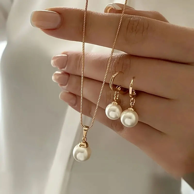 Fashion Pearl Jewelry Set For Women Dangle Earrings Pendant Necklace Simple Dain