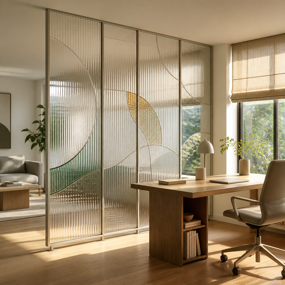 Custom ribbed glass panel divider in modern home office creating elegant light-diffusing separation