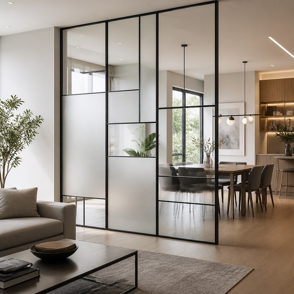 Custom frosted glass partition subtly dividing an open living room while preserving natural light