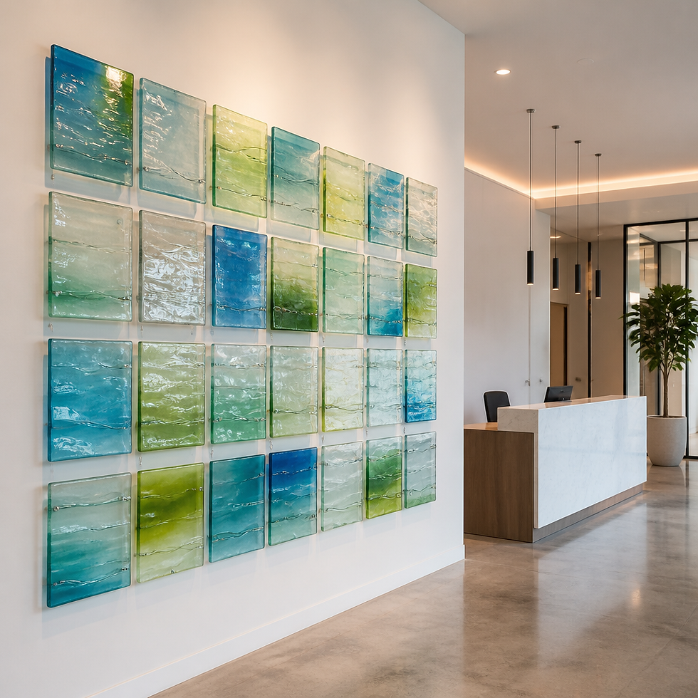 Slumped and fused glass tiles with wave textures installed on a white wall in a modern office lobby.