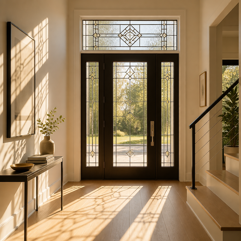 Leaded glass transom window casting geometric shadows from natural light in a modern home entryway