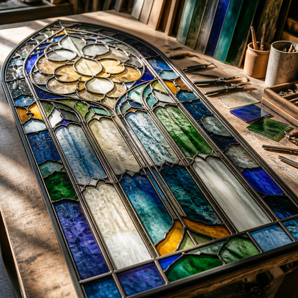 Hand-cut colored glass panels on a studio workbench showing subtle variations in tone and texture.
