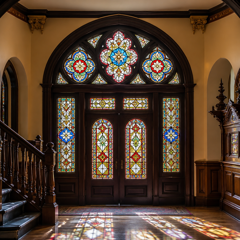 Restored stained glass window installation in a historic architectural setting, showing vibrant colored glass and intricate lead design patterns.