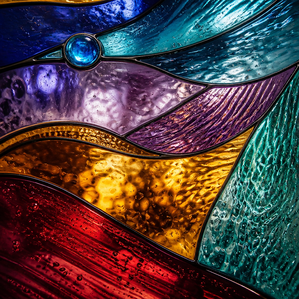 Hand-crafted fused glass panel with jewel-toned abstract patterns in studio lighting